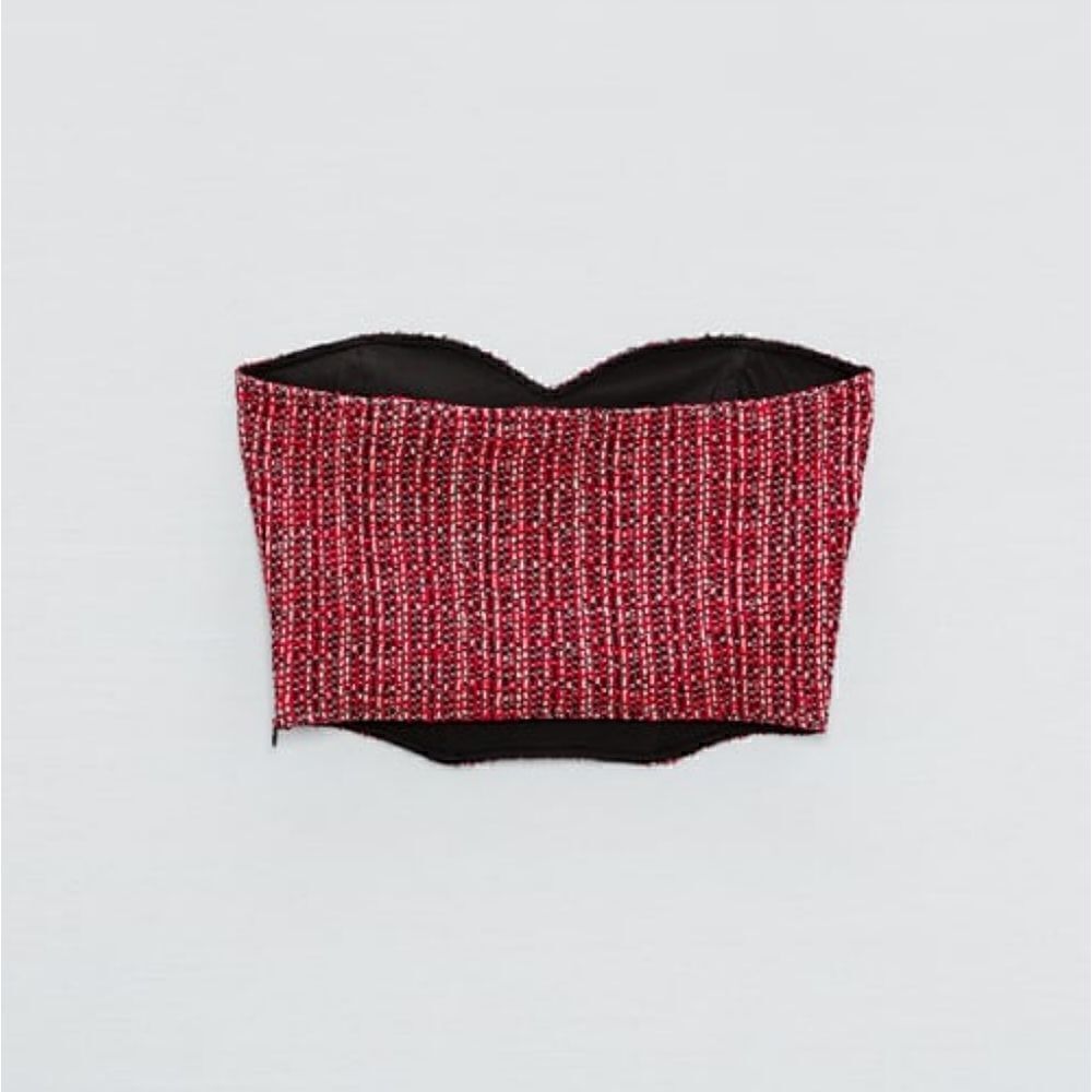 NWT Zara Textured Tweed Corset Strapless Top Size small tweed dark red burgundy - Picture 5 of 10